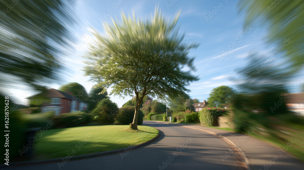 Motion Blur View Along a Suburban Street with A Large Tree and Green Lawns Motion Blur View Along a Suburban Street with A Large Tree and Green Lawns