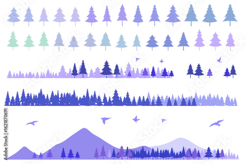 針葉樹と山のシルエットのイラストセット　背景イラスト