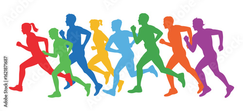Digital Illustration of Seven Running People in Colorful Silhouettes - Fitness & Race