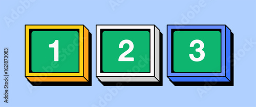 Number blocks with the digits 1, 2, and 3. Each cube is shaded with a 3D effect in cartoon style vector illustration for learning materials, educational games design