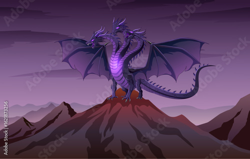 The Hydra Dragon on the top of the mountain. Vector illustration of a dragon.