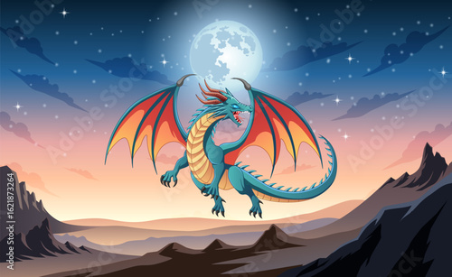 Dragon in the night sky. Vector illustration of a fantasy dragon.