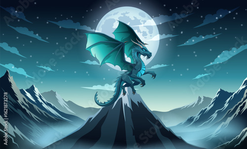 Dragon on the top of the mountain at night, vector illustration.