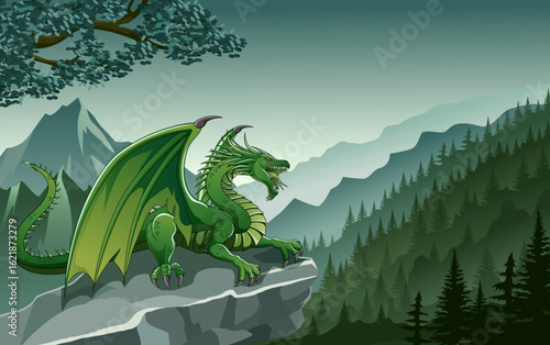 Green dragon in the mountains. Vector illustration of a fantasy dragon.