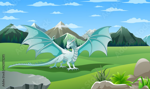 Dragon in the mountains. Cartoon style. Vector illustration for your design