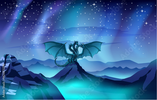 Illustration of a fantasy hydra dragon in the mountains at night with stars