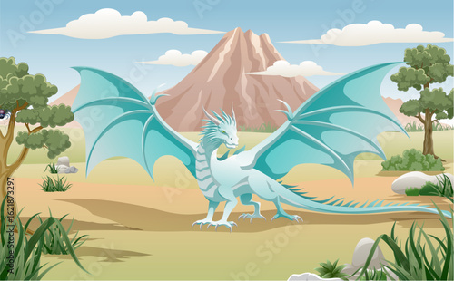 Dragon in the desert vector illustration. Cartoon character with blue dragon.