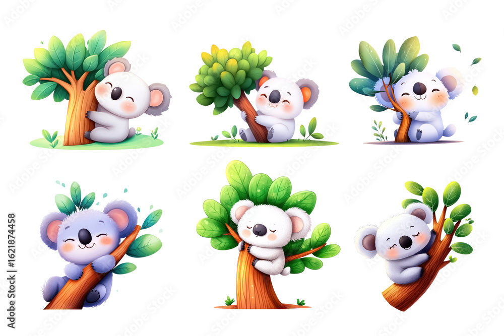 Naklejka premium Cute koalas playfully interacting with trees