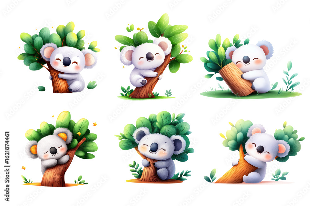 Fototapeta premium Adorable koala characters interacting with trees