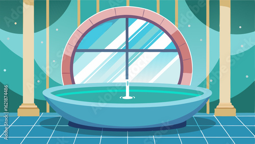 A sunken bathtub with a waterfall faucet is surrounded by marble tiles and framed by a large circular window creating a luxurious spalike experience.