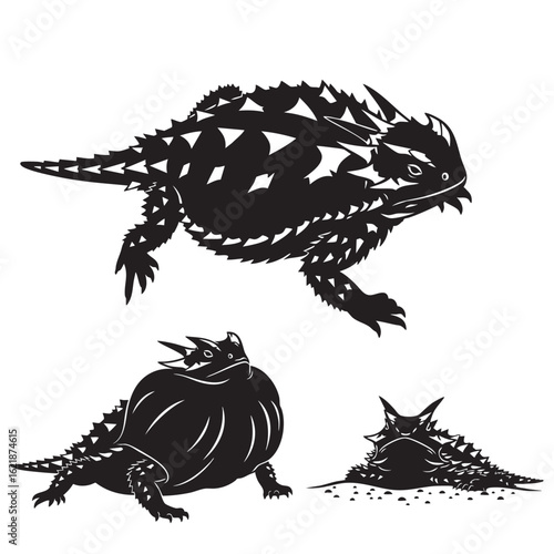 Set of 3 Horned Lizard Silhouettes as a Desert Reptile Icon Set