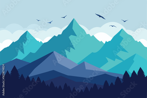 watercolor style mountain range with birds flying .eps