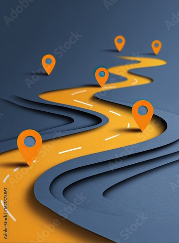 A stylized, 3D road meanders through a dark background, marked by orange map pins