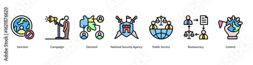 International Affairs web banner icon vector illustration for humanitarian aid, international sanctions, campaigns, electoral policies, national security, and public services across the globe.