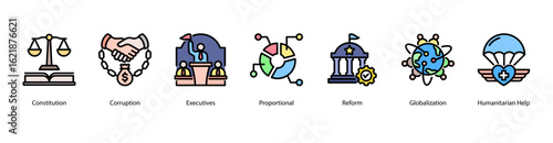 Government Reform web banner icon vector illustration for topics on budget deficits, constitutional law, corruption, government executives, proportional systems, political reform, and globalization.