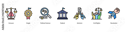 Political Action web banner icon vector illustration for electoral systems, policy formation, censure, single-party dynamics, federal governance, activism, civil rights, and revolutionary movements.
