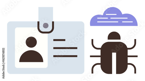 ID badge next to a bug under a cloud represents digital identity, cybersecurity threats, and data protection issues. Ideal for IT, tech safety, risk management, digital ID, software vulnerabilities