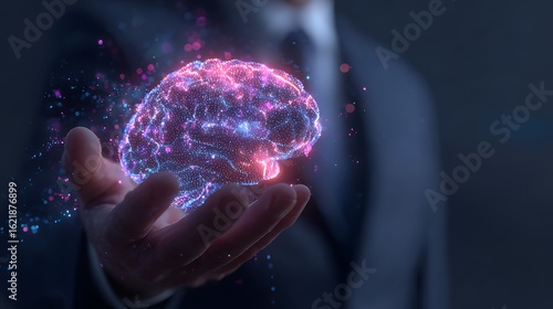 Man holding glowing brain hologram.