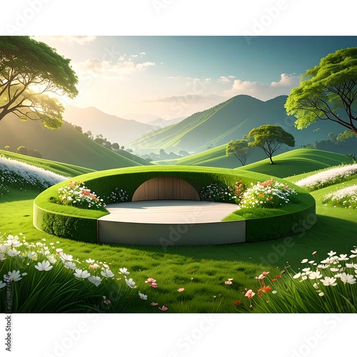 green grass podium circle mound meadow land ground 3d element cutout