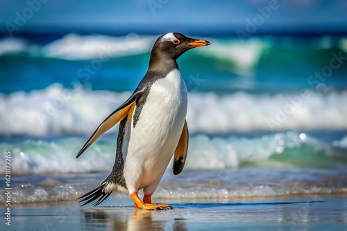 Gentoo penguin standing on the beach with ocean waves in background