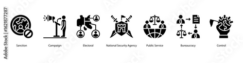 International Affairs web banner icon vector illustration for humanitarian aid, international sanctions, campaigns, electoral policies, national security, and public services across the globe.
