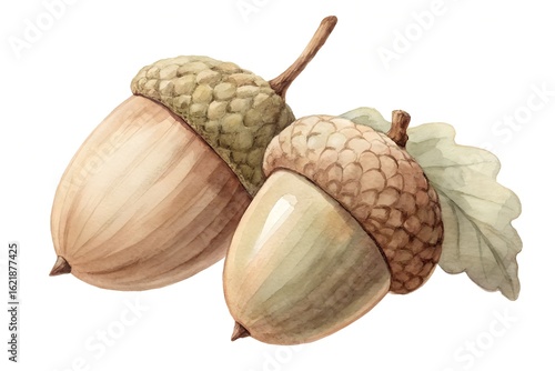 Watercolor clipart illustration showcasing two acorns with detailed textures and colors against a simple background