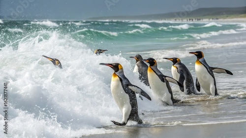 King penguins leaving the ocean on the beach of the falkland islands