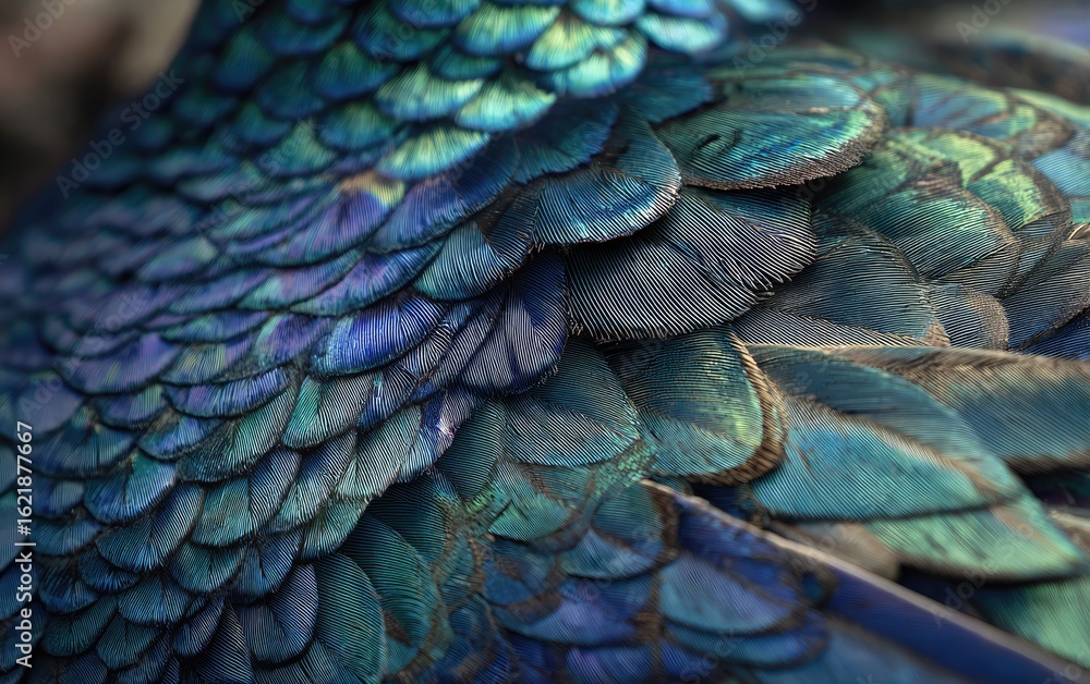 Obraz premium Close-up of iridescent blue and green bird feathers. Detailed texture of overlapping, layered plumage