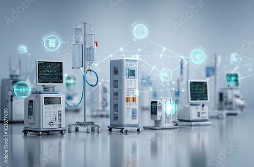 Medical equipment collection, various devices, connected via network