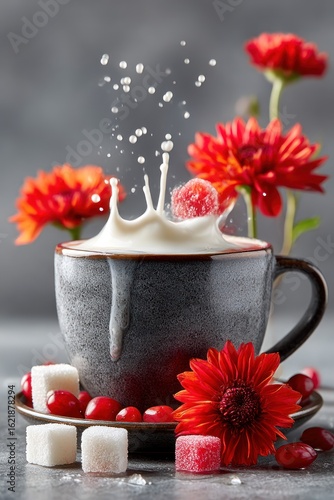 Milk splash in mug, surrounded by flowers and berries