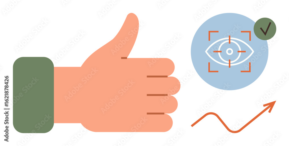 Thumbs-up hand gesture beside focused eye icon with checkmark and upward arrow. Ideal for quality, vision, success, approval, progress, focus, clarity. A simple flat metaphor Thumbs-up hand gesture beside focused eye icon with checkmark and upward arrow. Ideal for quality, vision, success, approval, progress, focus, clarity. A simple flat metaphor