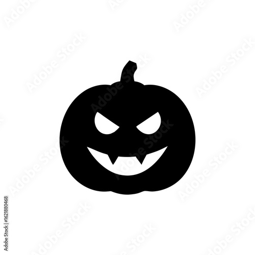 Silhouette of a menacing jack-o'-lantern with carved eyes and a toothy grin.