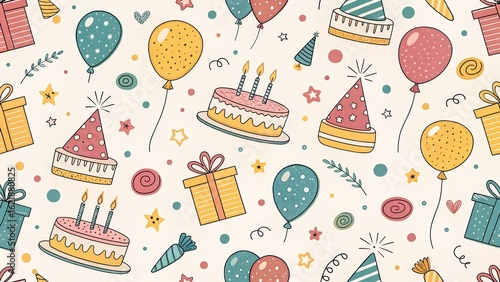 Cute hand-drawn doodle birthday icons on solid yellow background

