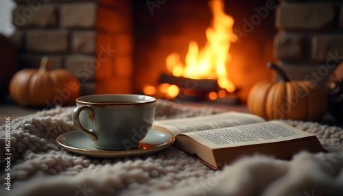 Fototapeta Naklejka Na Ścianę i Meble -  A coffee cup and book beside a fireplace, capturing the essence of cozy family time during the fall holiday season