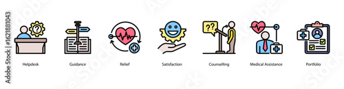 Customer Support web banner icon vector illustration featuring Helpdesk, Guidance, Relief, Satisfaction, Counselling, Medical Assistance, and Portfolio.