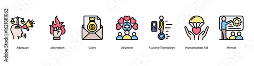 Uplift Others web banner icon vector illustration featuring Advocacy, Motivation, Grant, Volunteer, Assistive Technology, Humanitarian Aid, and Mentor.
