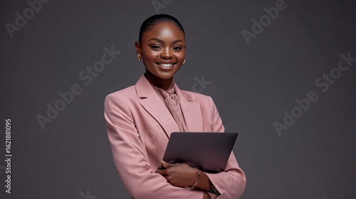 Smiling dark-skinned woman in a light pink blazer, holding a laptop, against a gray background