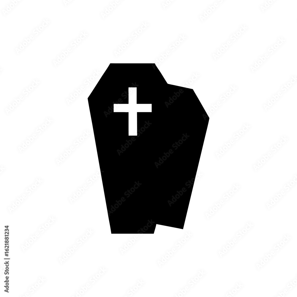 Obraz premium Simple black silhouette of an open coffin with a white cross, isolated on white background.
