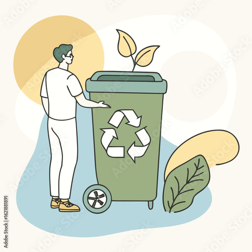 Man in silhouette standing beside a green recycling bin with a plant growing out of it