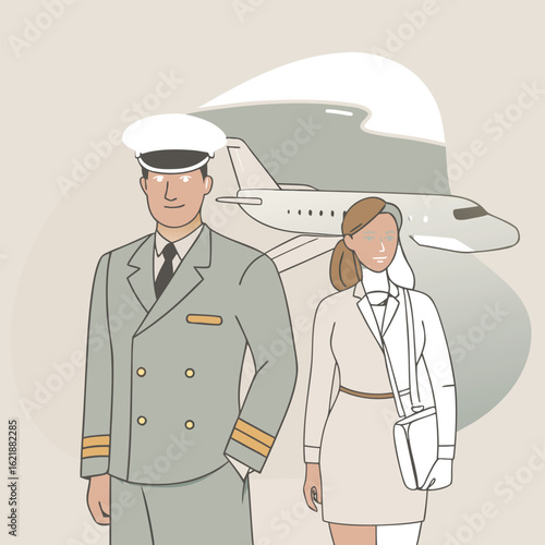 Pilot and flight attendant standing together in uniforms with an airplane in the background silhouette