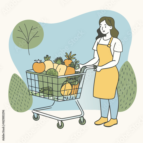 Woman pushing a shopping cart filled with fresh produce and vegetables silhouette