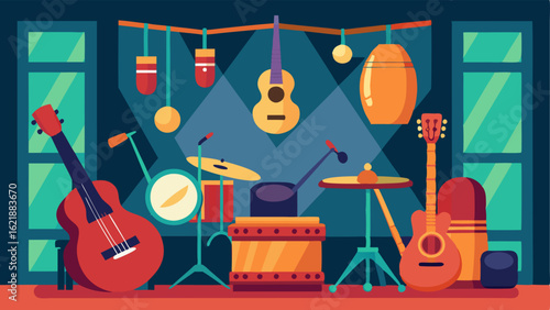 A room filled with instruments from different cultural backgrounds such as drums guitars and flutes.