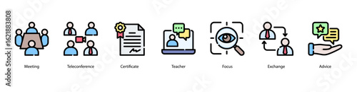 Work Meeting web banner icon vector illustration featuring Meeting, Teleconference, Certificate, Teacher, Focus, Exchange, and Advice.