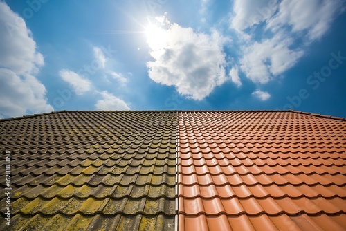 Before and after comparison of a dirty moss covered roof and a clean tiled roof cleaning