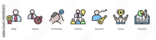 Success Plan web banner icon vector illustration featuring Badge, Purpose, Arm Wrestling, Coaching, Key Person, Success, and Homework.