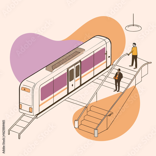 Modern train arriving at a station platform with passengers waiting in silhouette
