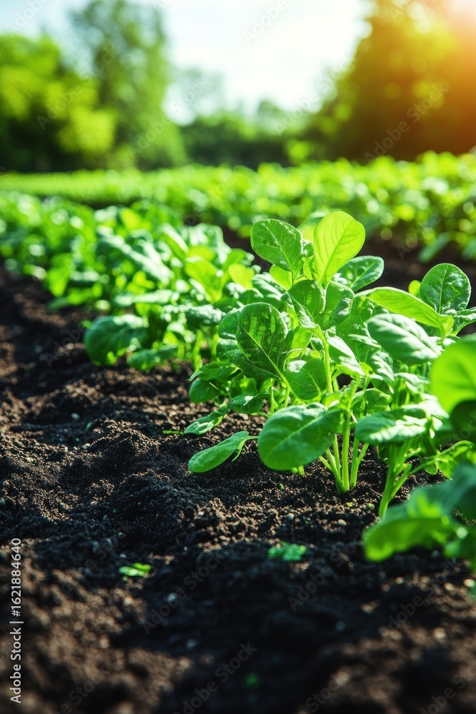 Rows of Young Spinach Plants in Fertile Soil Rows of Young Spinach Plants in Fertile Soil