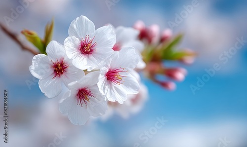 A bunch of white flowers on a branch with a blue sky in the background