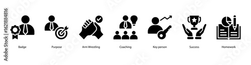 Success Plan web banner icon vector illustration featuring Badge, Purpose, Arm Wrestling, Coaching, Key Person, Success, and Homework.