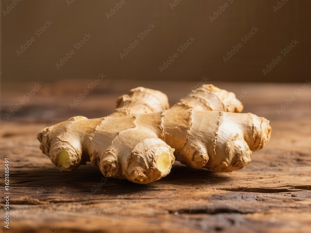 Fototapeta premium Close-up of fresh ginger root on rustic wooden surface, vegan, surface
